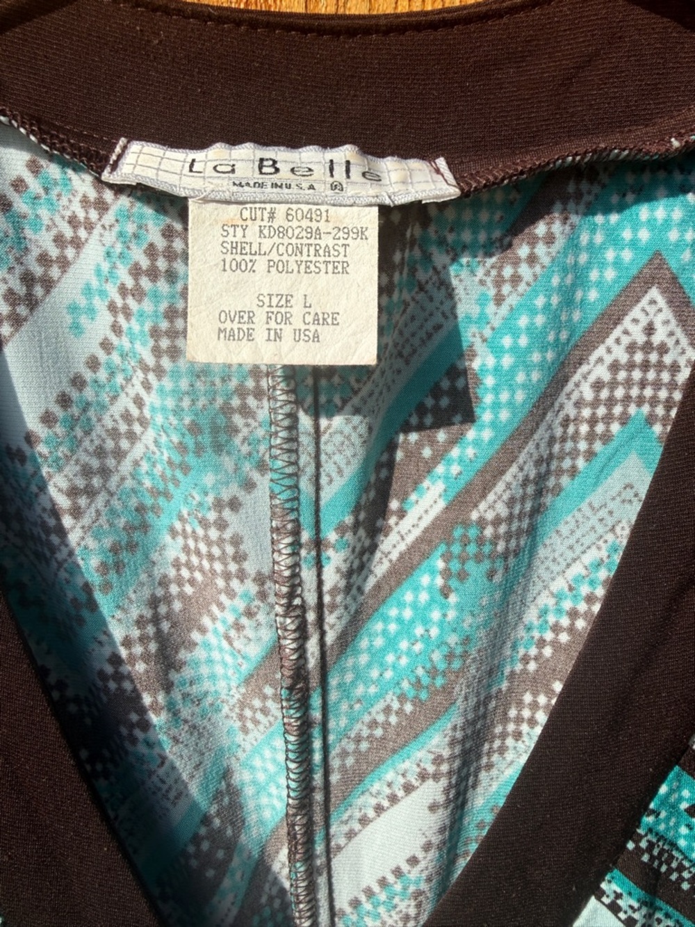 La Belle Turquoise Chevron Faux Wrap Asymmetrical Dress with Brown Trim - Large - Picture 3 of 13